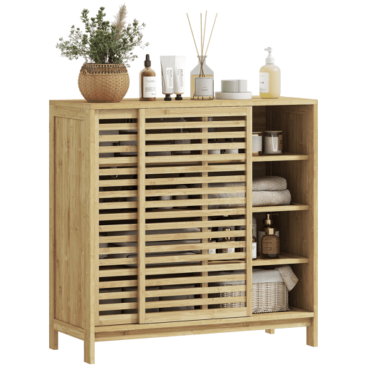 Armário de banheiro em bambu com 2 portas derer, design ripado, 4 prateleiras, unidade de armazenamento para banheiro, 80x34x80 cm, natural