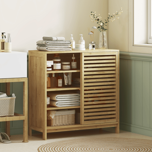 Armário de banheiro em bambu com 2 portas derer, design ripado, 4 prateleiras, unidade de armazenamento para banheiro, 80x34x80 cm, natural
