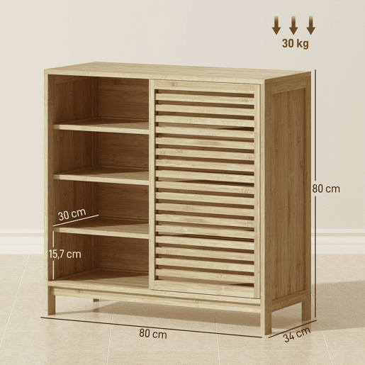 Armário de banheiro em bambu com 2 portas derer, design ripado, 4 prateleiras, unidade de armazenamento para banheiro, 80x34x80 cm, natural