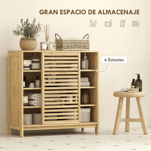 Armário de banheiro em bambu com 2 portas derer, design ripado, 4 prateleiras, unidade de armazenamento para banheiro, 80x34x80 cm, natural