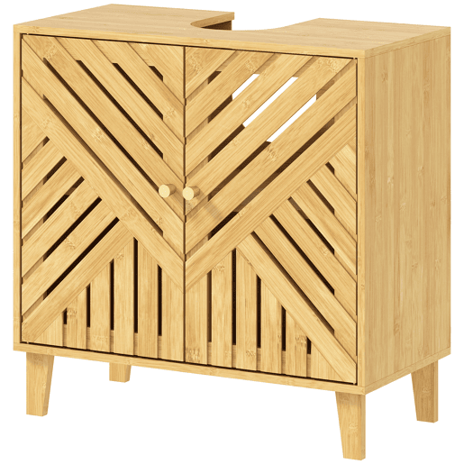 Armário de bambu para pia com 2 portas ripadas e prateleira ajustável para pia sem coluna, 60x30x60 cm, natural Armário de bambu para pia com 2 portas ripadas e prateleira ajustável para pia sem coluna, 60x30x60 cm, natural