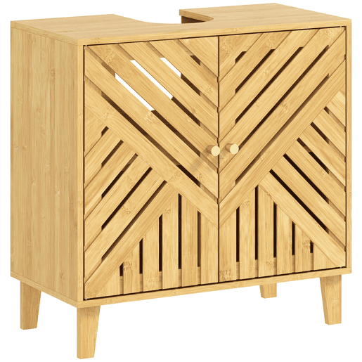 Armário de bambu para pia com 2 portas ripadas e prateleira ajustável para pia sem coluna, 60x30x60 cm, natural Armário de bambu para pia com 2 portas ripadas e prateleira ajustável para pia sem coluna, 60x30x60 cm, natural
