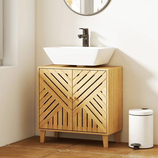Armário de bambu para pia com 2 portas ripadas e prateleira ajustável para pia sem coluna, 60x30x60 cm, natural Armário de bambu para pia com 2 portas ripadas e prateleira ajustável para pia sem coluna, 60x30x60 cm, natural