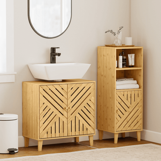 Armário de bambu para pia com 2 portas ripadas e prateleira ajustável para pia sem coluna, 60x30x60 cm, natural Armário de bambu para pia com 2 portas ripadas e prateleira ajustável para pia sem coluna, 60x30x60 cm, natural