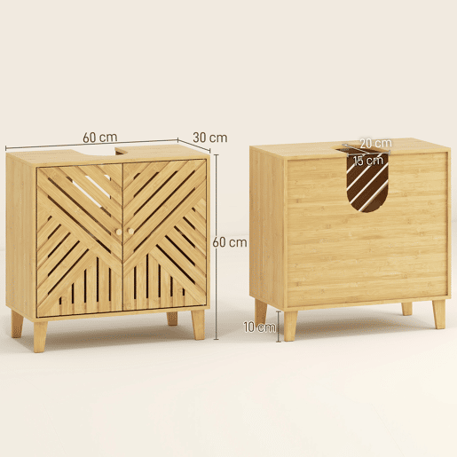 Armário de bambu para pia com 2 portas ripadas e prateleira ajustável para pia sem coluna, 60x30x60 cm, natural Armário de bambu para pia com 2 portas ripadas e prateleira ajustável para pia sem coluna, 60x30x60 cm, natural
