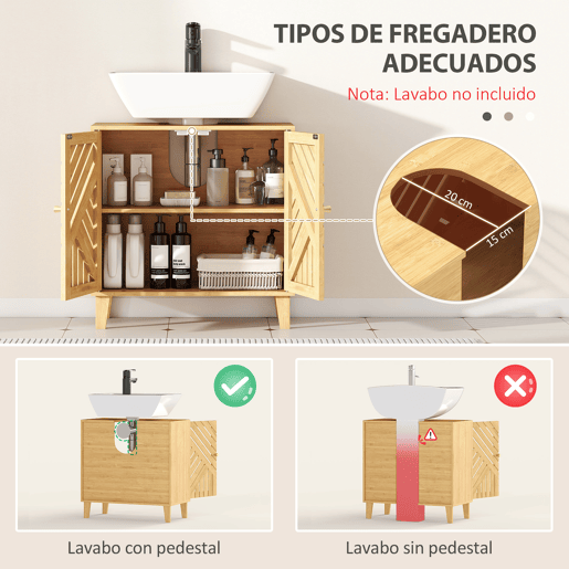Armário de bambu para pia com 2 portas ripadas e prateleira ajustável para pia sem coluna, 60x30x60 cm, natural Armário de bambu para pia com 2 portas ripadas e prateleira ajustável para pia sem coluna, 60x30x60 cm, natural