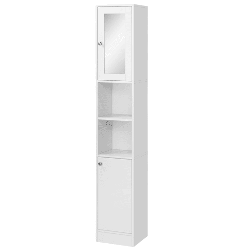 Armário alto para banheiro com espelho, coluna de madeira com 2 prateleiras abertas, 2 portas e prateleiras internas ajustáveis, 30x28x180 cm, branco Armário alto para banheiro com espelho, coluna de madeira com 2 prateleiras abertas, 2 portas e prateleiras internas ajustáveis, 30x28x180 cm, branco