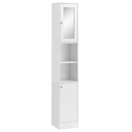 Armário alto para banheiro com espelho, coluna de madeira com 2 prateleiras abertas, 2 portas e prateleiras internas ajustáveis, 30x28x180 cm, branco Armário alto para banheiro com espelho, coluna de madeira com 2 prateleiras abertas, 2 portas e prateleiras internas ajustáveis, 30x28x180 cm, branco