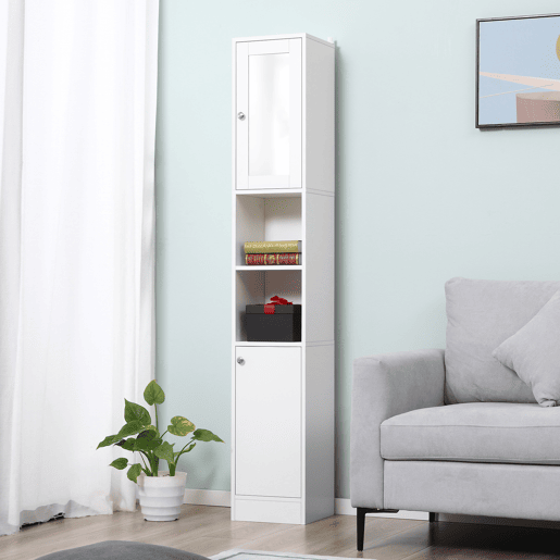 Armário alto para banheiro com espelho, coluna de madeira com 2 prateleiras abertas, 2 portas e prateleiras internas ajustáveis, 30x28x180 cm, branco Armário alto para banheiro com espelho, coluna de madeira com 2 prateleiras abertas, 2 portas e prateleiras internas ajustáveis, 30x28x180 cm, branco