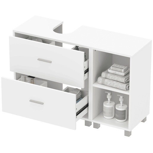Armário de banheiro para pia com 2 gavetas e 2 prateleiras abertas, 90x30x60 cm, branco