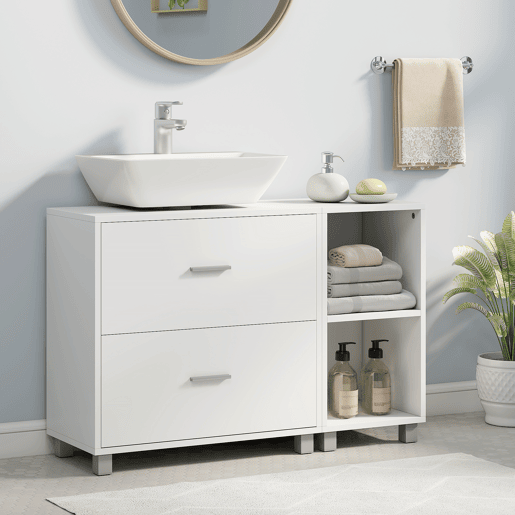 Armário de banheiro para pia com 2 gavetas e 2 prateleiras abertas, 90x30x60 cm, branco