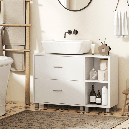 Armário de banheiro para pia com 2 gavetas e 2 prateleiras abertas, 90x30x60 cm, branco