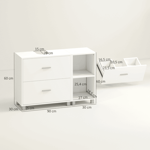 Armário de banheiro para pia com 2 gavetas e 2 prateleiras abertas, 90x30x60 cm, branco