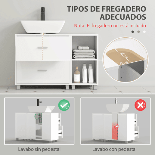 Armário de banheiro para pia com 2 gavetas e 2 prateleiras abertas, 90x30x60 cm, branco
