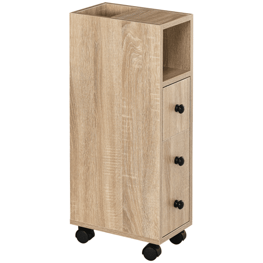 Armário de banheiro com rodízios, unidade de armazenamento para banheiro com prateleira aberta, porta e gaveta, 18x30x68,5 cm, carvalho Armário de banheiro com rodízios, unidade de armazenamento para banheiro com prateleira aberta, porta e gaveta, 18x30x68,5 cm, carvalho
