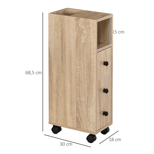 Armário de banheiro com rodízios, unidade de armazenamento para banheiro com prateleira aberta, porta e gaveta, 18x30x68,5 cm, carvalho Armário de banheiro com rodízios, unidade de armazenamento para banheiro com prateleira aberta, porta e gaveta, 18x30x68,5 cm, carvalho