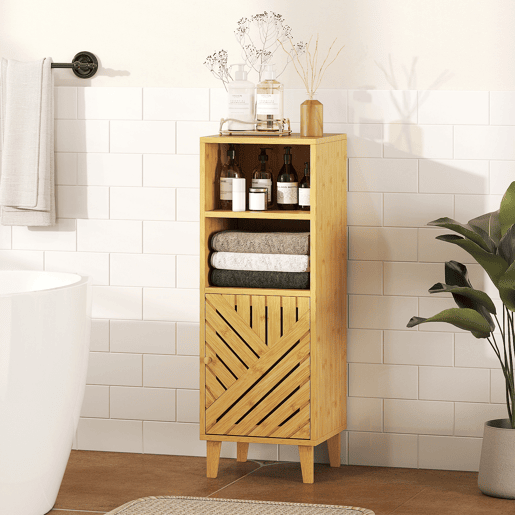Armário estreito para banheiro, unidade de armazenamento para banheiro com 2 prateleiras abertas, porta e pés de bambu, 32x30x90 cm, natural