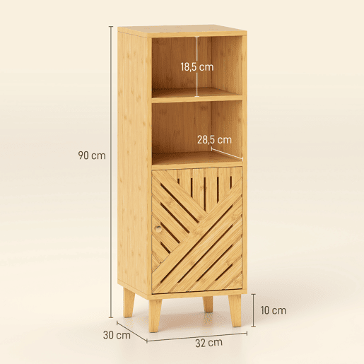Armário estreito para banheiro, unidade de armazenamento para banheiro com 2 prateleiras abertas, porta e pés de bambu, 32x30x90 cm, natural