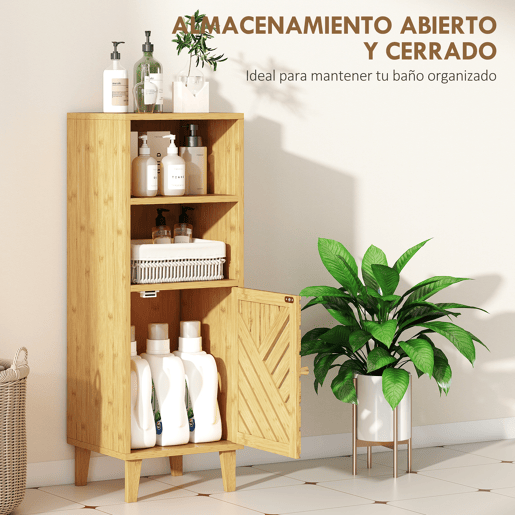 Armário estreito para banheiro, unidade de armazenamento para banheiro com 2 prateleiras abertas, porta e pés de bambu, 32x30x90 cm, natural