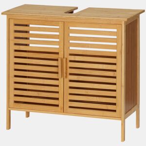 Armário de bambu para pia, armário de banheiro de chão com 2 portas, 66x29x61,5 cm, natural
