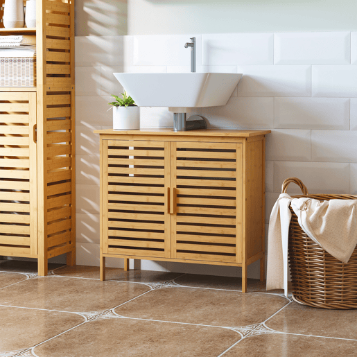 Armário de bambu para pia, armário de banheiro de chão com 2 portas, 66x29x61,5 cm, natural Armário de bambu para pia, armário de banheiro de chão com 2 portas, 66x29x61,5 cm, natural