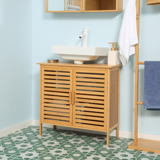 Armário de bambu para pia, armário de banheiro de chão com 2 portas, 66x29x61,5 cm, natural Armário de bambu para pia, armário de banheiro de chão com 2 portas, 66x29x61,5 cm, natural