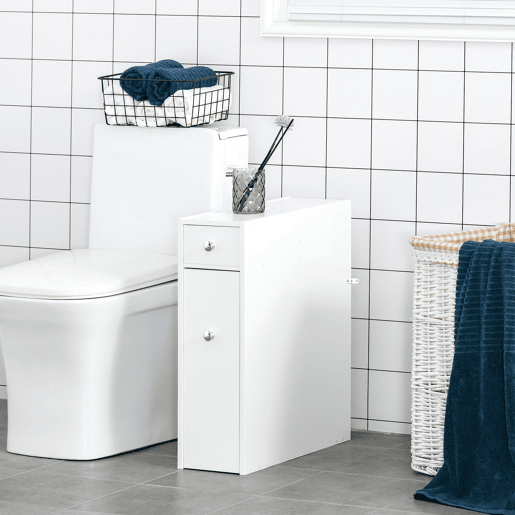 Armário estreito para banheiro com 2 gavetas e compartimento superior com tampa para pia, 17x48x58 cm, branco Armário estreito para banheiro com 2 gavetas e compartimento superior com tampa para pia, 17x48x58 cm, branco