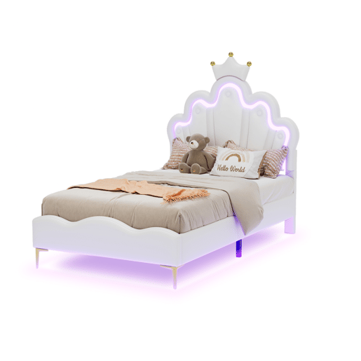 Cama princesa branca 90x200 cm estofada pele PU, cabeceira em formato de coroa