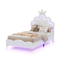 Cama princesa branca 90x200 cm estofada pele PU, cabeceira em formato de coroa