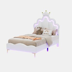 Cama princesa branca 90x200 cm estofada pele PU, cabeceira em formato de coroa