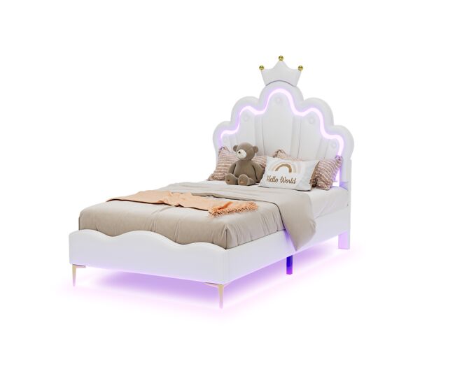 Cama princesa blanca 90x200 cm tapizada piel pu, cabecero en forma de corona