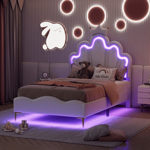 Cama princesa branca 90x200 cm estofada pele PU, cabeceira em formato de coroa