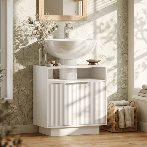 Armário para pia com 2 portas ranhuradas e compartimento aberto para pia sem pedestal, 60x33x63 cm, branco