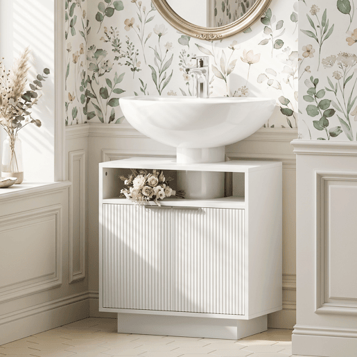 Armário para pia com 2 portas ranhuradas e compartimento aberto para pia sem pedestal, 60x33x63 cm, branco