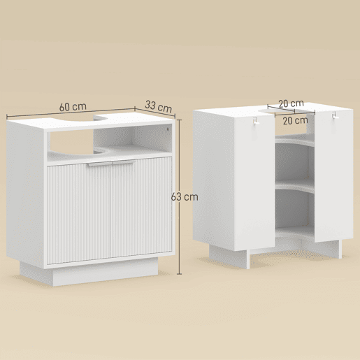Armário para pia com 2 portas ranhuradas e compartimento aberto para pia sem pedestal, 60x33x63 cm, branco