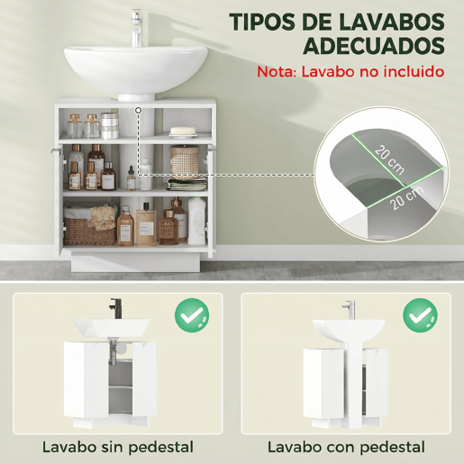 Armário para pia com 2 portas ranhuradas e compartimento aberto para pia sem pedestal, 60x33x63 cm, branco
