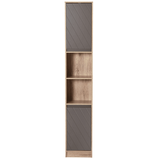Armário alto para banheiro, coluna estreita com 2 portas e 2 prateleiras abertas, para espaços pequenos, 30x24x170 cm, carvalho e cinza