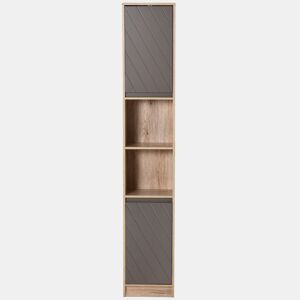 Armário alto para banheiro, coluna estreita com 2 portas e 2 prateleiras abertas, para espaços pequenos, 30x24x170 cm, carvalho e cinza