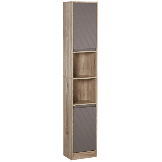 Armário alto para banheiro, coluna estreita com 2 portas e 2 prateleiras abertas, para espaços pequenos, 30x24x170 cm, carvalho e cinza