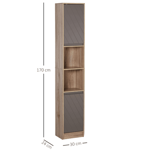 Armário alto para banheiro, coluna estreita com 2 portas e 2 prateleiras abertas, para espaços pequenos, 30x24x170 cm, carvalho e cinza