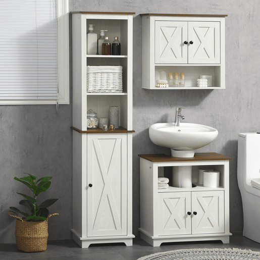 Armário de madeira para pia, armário de banheiro de chão, unidade para pia com 2 portas, 60x30x60 cm, branco