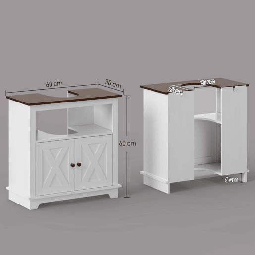 Armário de madeira para pia, armário de banheiro de chão, unidade para pia com 2 portas, 60x30x60 cm, branco