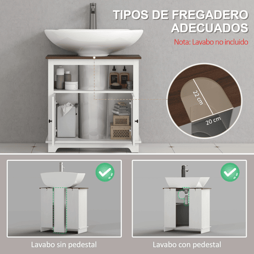 Armário de madeira para pia, armário de banheiro de chão, unidade para pia com 2 portas, 60x30x60 cm, branco