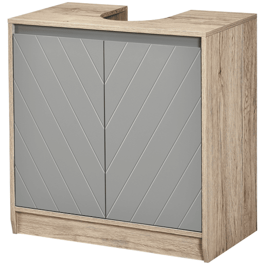 Armário de banheiro para pia, de chão, com portas duplas e prateleira ajustável, 60x30x59,8 cm, carvalho e cinza