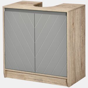Armário de banheiro para pia, de chão, com portas duplas e prateleira ajustável, 60x30x59,8 cm, carvalho e cinza