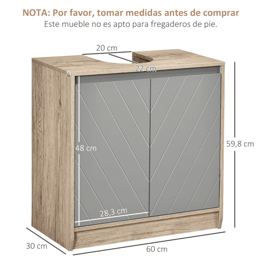 Armário de banheiro para pia, de chão, com portas duplas e prateleira ajustável, 60x30x59,8 cm, carvalho e cinza