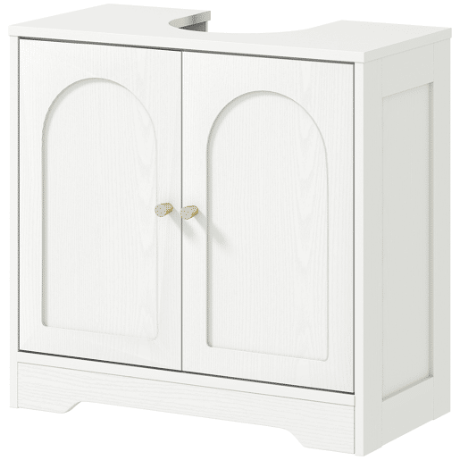 Armário para pia com 2 portas, design arqueado, prateleira ajustável, puxadores dourados, 60x30x65 cm, branco Armário para pia com 2 portas, design arqueado, prateleira ajustável, puxadores dourados, 60x30x65 cm, branco