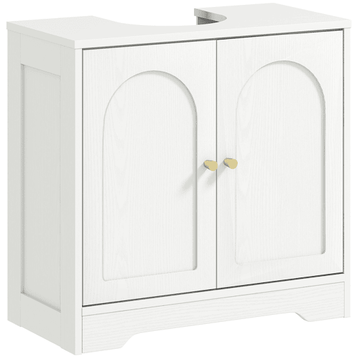 Armário para pia com 2 portas, design arqueado, prateleira ajustável, puxadores dourados, 60x30x65 cm, branco Armário para pia com 2 portas, design arqueado, prateleira ajustável, puxadores dourados, 60x30x65 cm, branco