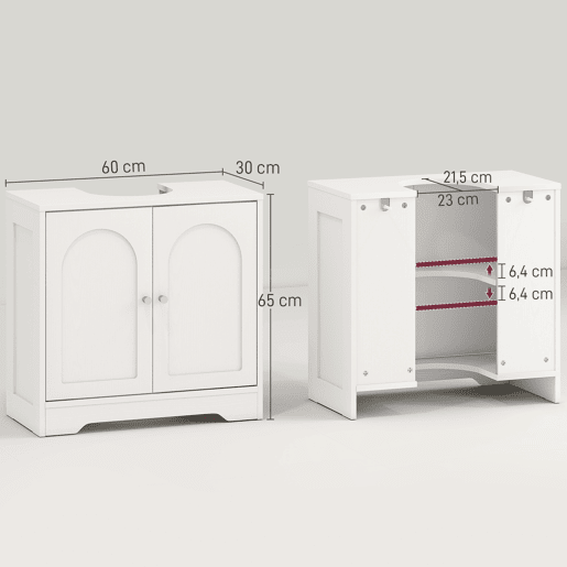 Armário para pia com 2 portas, design arqueado, prateleira ajustável, puxadores dourados, 60x30x65 cm, branco Armário para pia com 2 portas, design arqueado, prateleira ajustável, puxadores dourados, 60x30x65 cm, branco