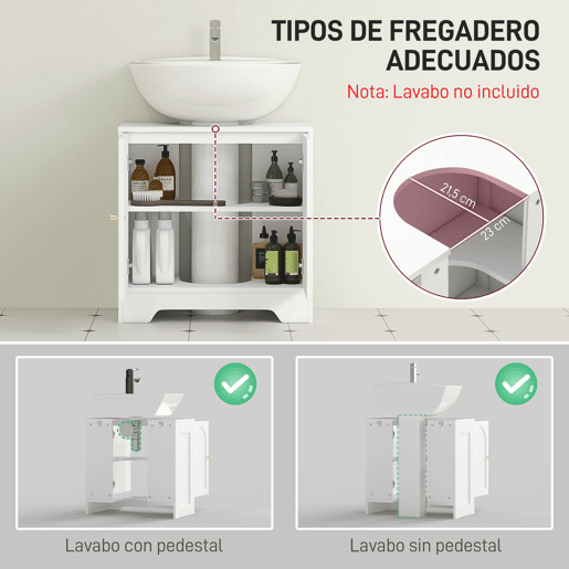 Armário para pia com 2 portas, design arqueado, prateleira ajustável, puxadores dourados, 60x30x65 cm, branco Armário para pia com 2 portas, design arqueado, prateleira ajustável, puxadores dourados, 60x30x65 cm, branco